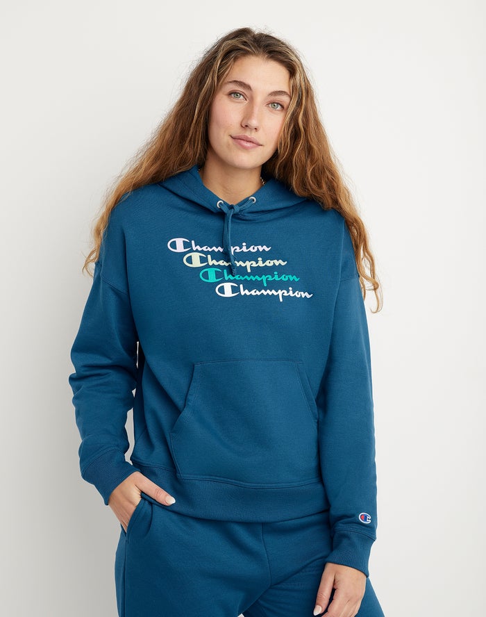 Champion Hoodie Dames - Blauw - Powerblend Fleece Relaxed Stacked Scripts Logo ( 045968-JDE )